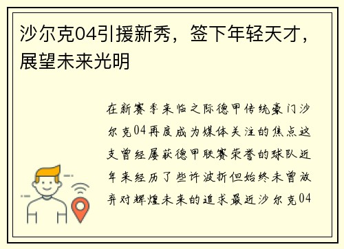 沙尔克04引援新秀，签下年轻天才，展望未来光明