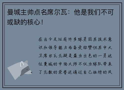 曼城主帅点名席尔瓦：他是我们不可或缺的核心！